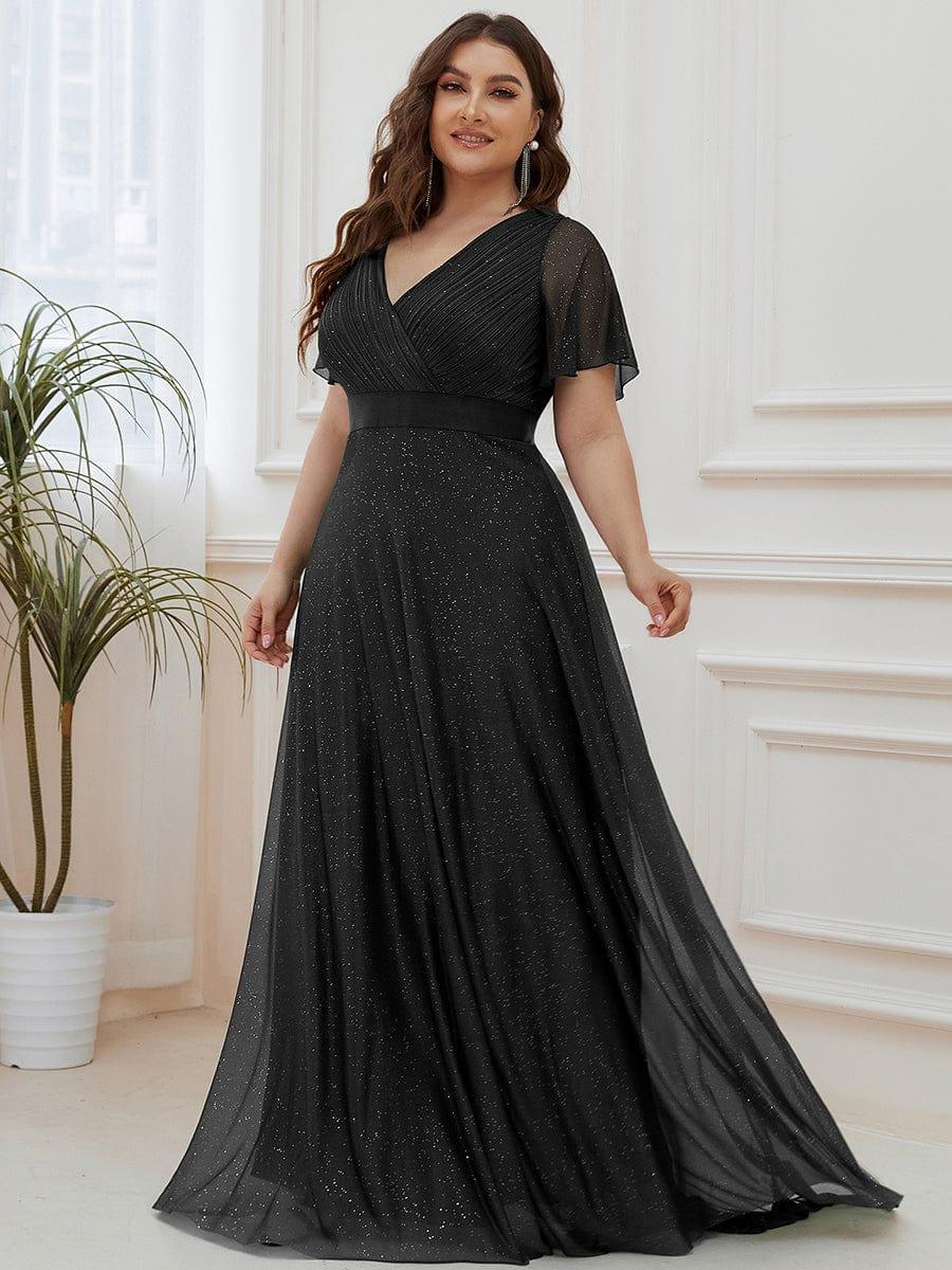 Plus size sparkly ribbon waist V-neck evening dress with sleeves for women