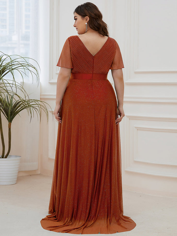 Plus size sparkly ribbon waist V-neck evening dress with sleeves for women