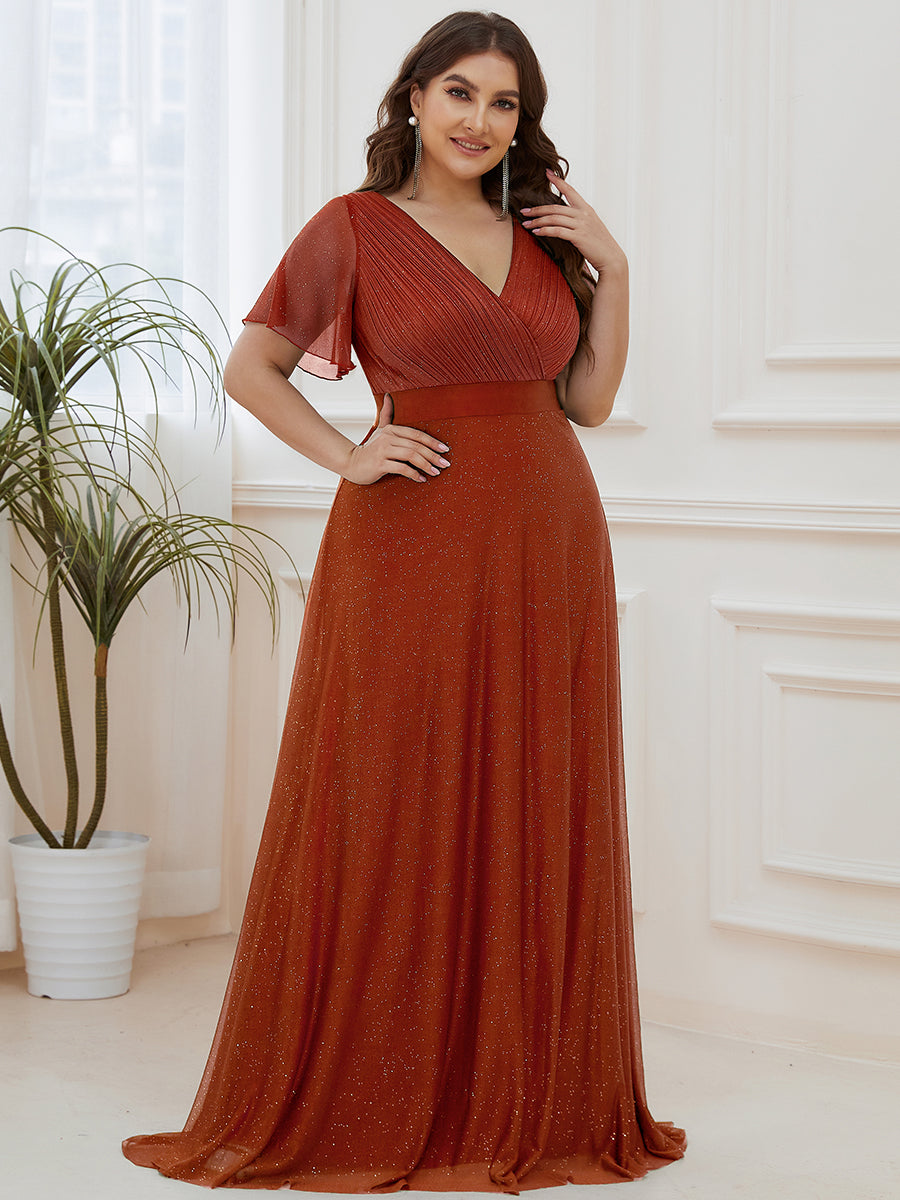 Plus size sparkly ribbon waist V-neck evening dress with sleeves for women