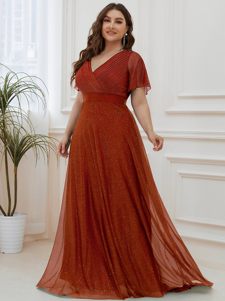 Plus size sparkly ribbon waist V-neck evening dress with sleeves for women