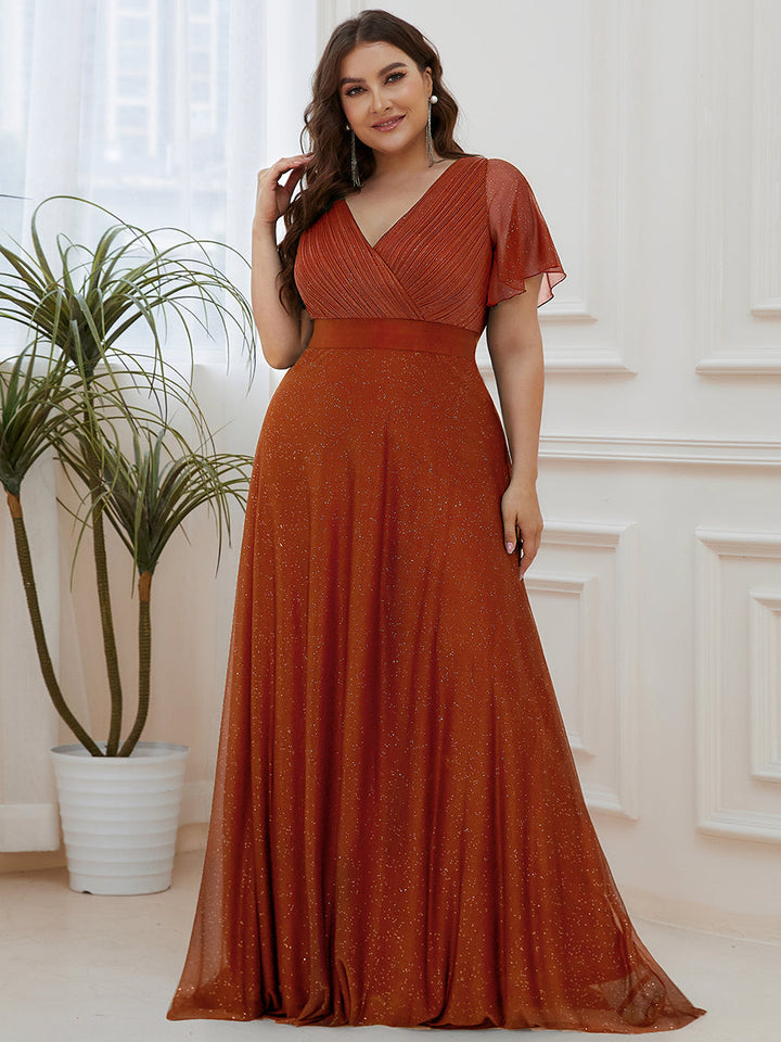 Plus size sparkly ribbon waist V-neck evening dress with sleeves for women