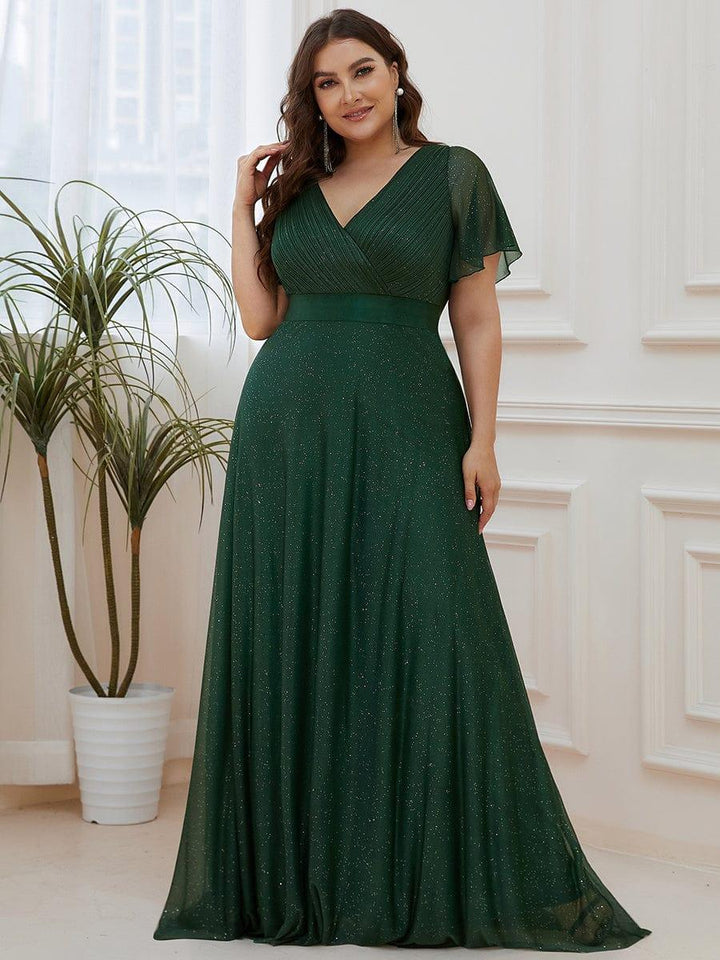 Plus size sparkly ribbon waist V-neck evening dress with sleeves for women