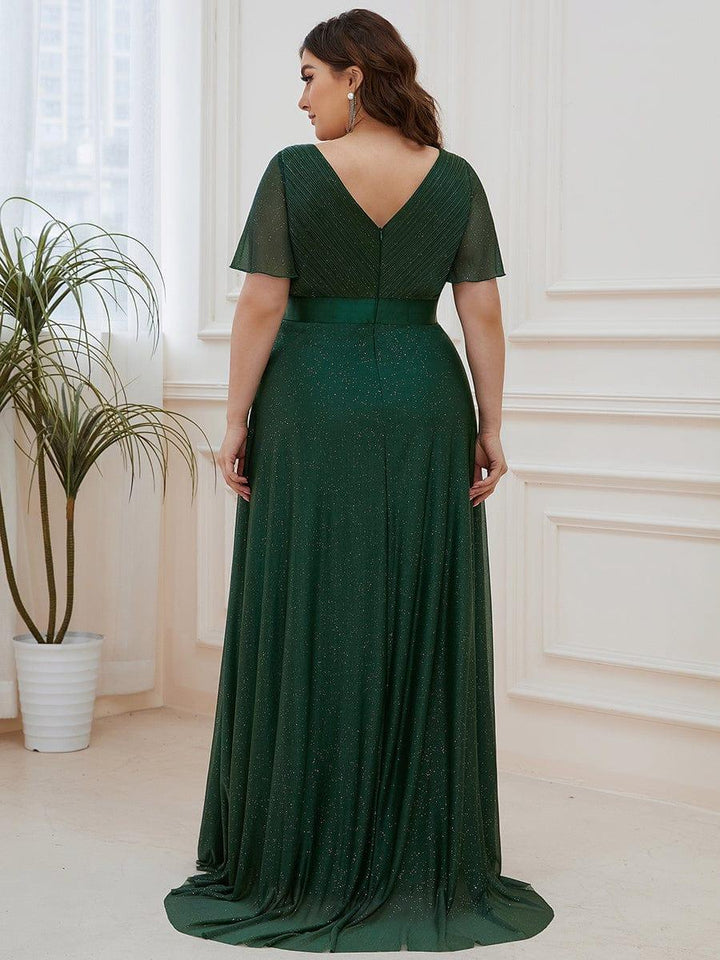 Plus size sparkly ribbon waist V-neck evening dress with sleeves for women