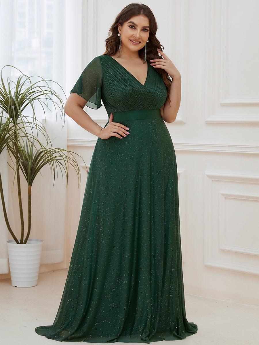 Plus size sparkly ribbon waist V-neck evening dress with sleeves for women