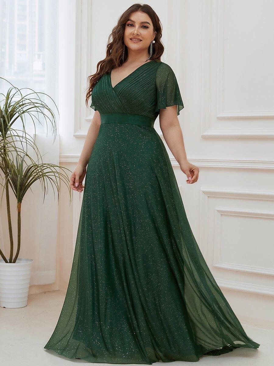 Plus size sparkly ribbon waist V-neck evening dress with sleeves for women