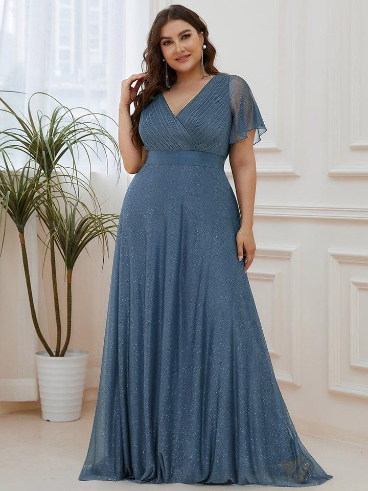 Plus size sparkly ribbon waist V-neck evening dress with sleeves for women