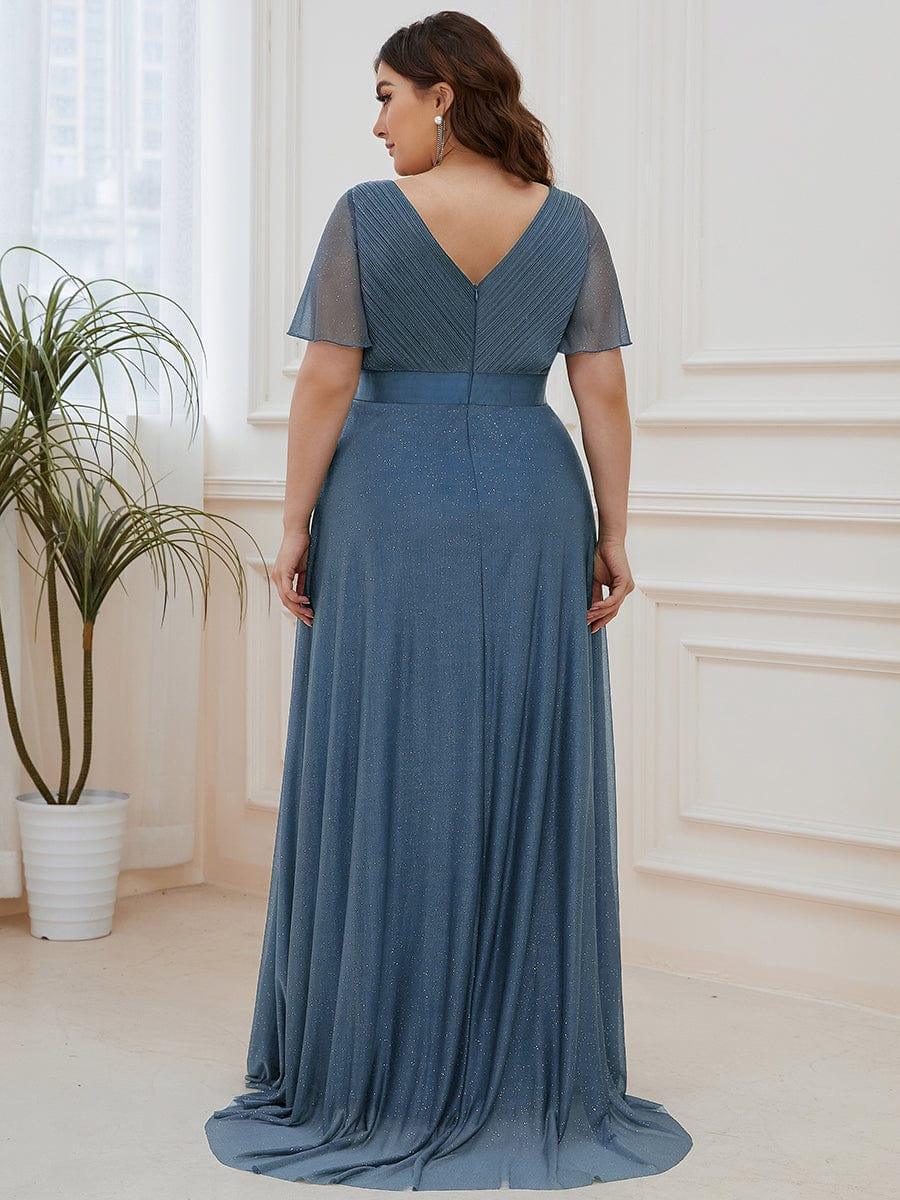 Plus size sparkly ribbon waist V-neck evening dress with sleeves for women