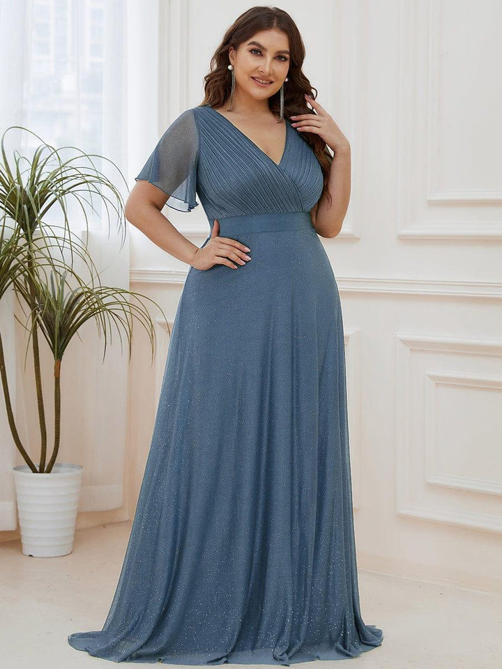 Plus size sparkly ribbon waist V-neck evening dress with sleeves for women