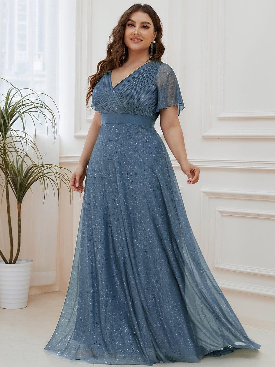Plus size sparkly ribbon waist V-neck evening dress with sleeves for women