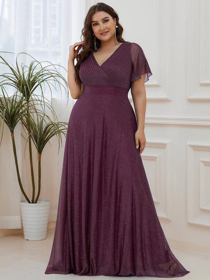 Plus size sparkly ribbon waist V-neck evening dress with sleeves for women
