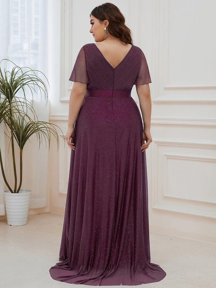 Plus size sparkly ribbon waist V-neck evening dress with sleeves for women