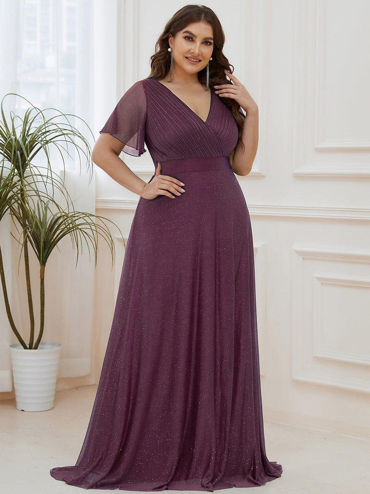 Plus size sparkly ribbon waist V-neck evening dress with sleeves for women