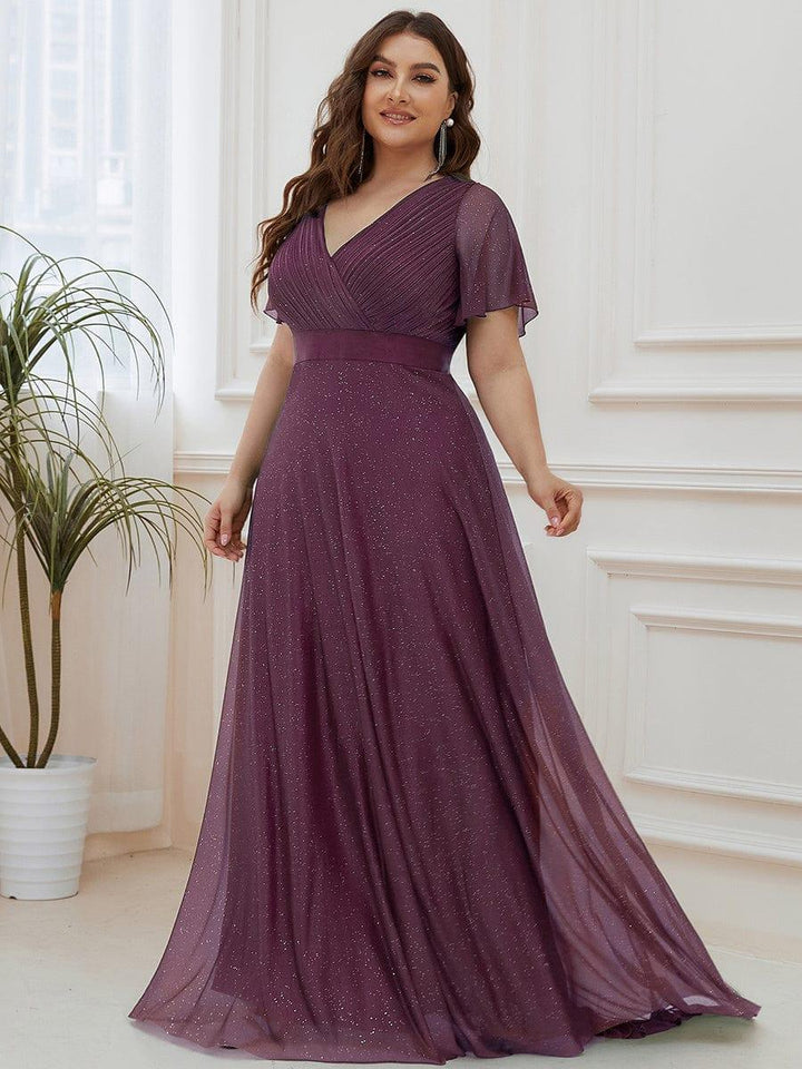 Plus size sparkly ribbon waist V-neck evening dress with sleeves for women