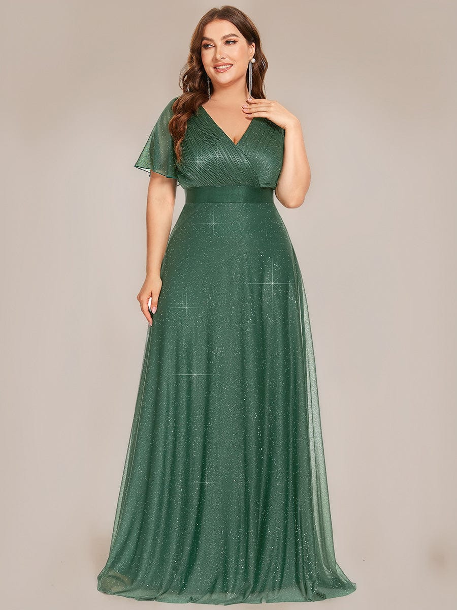 Plus size sparkly ribbon waist V-neck evening dress with sleeves for women