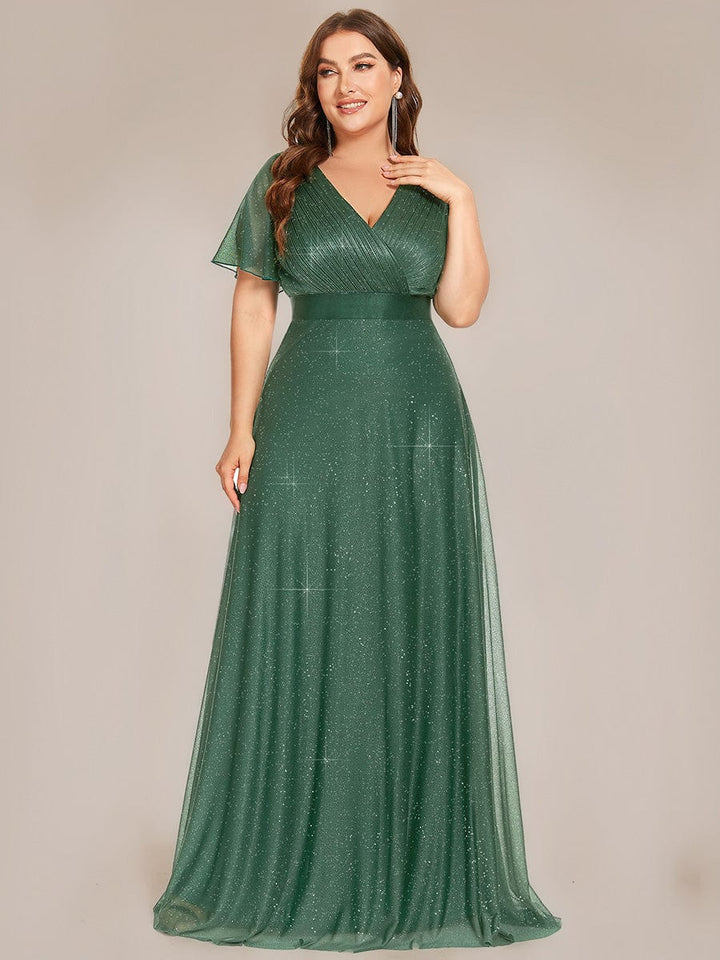 Plus size sparkly ribbon waist V-neck evening dress with sleeves for women