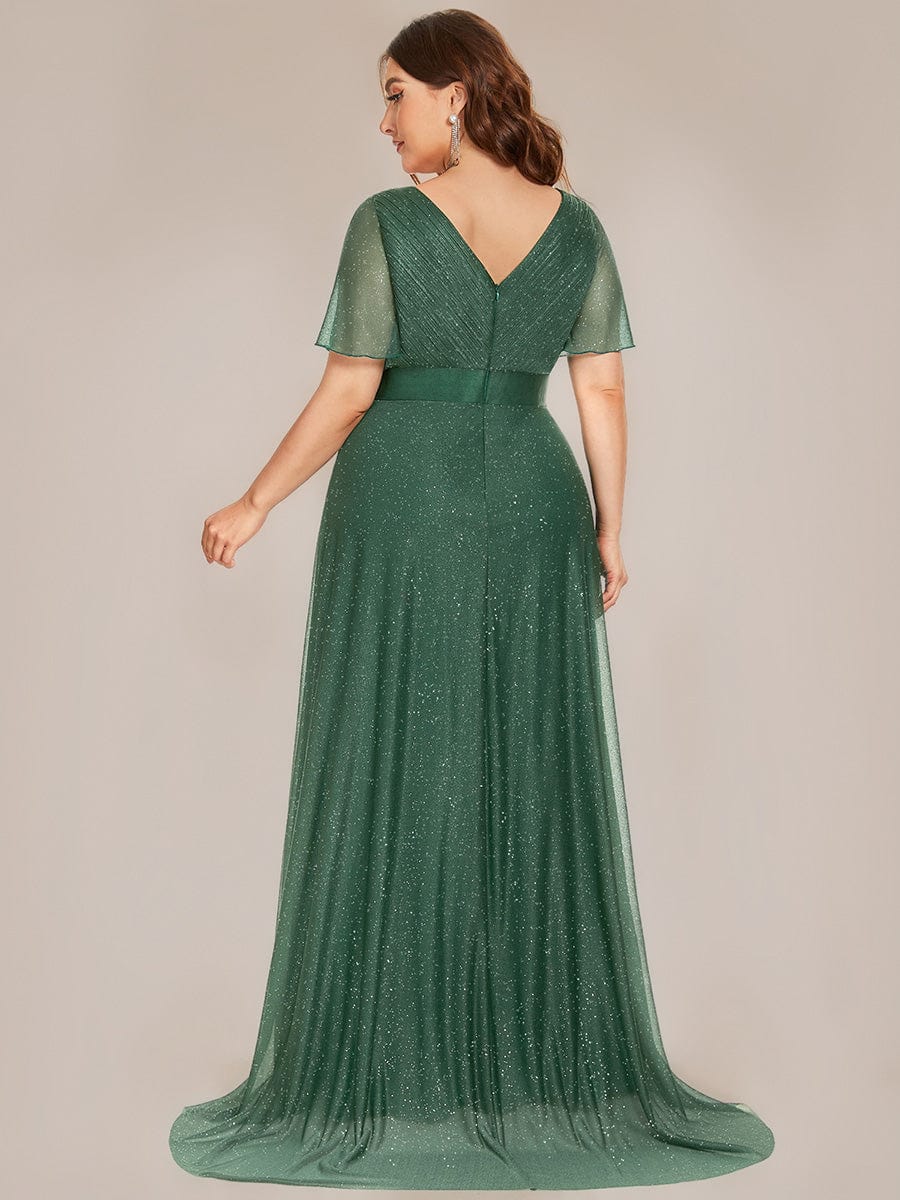 Plus size sparkly ribbon waist V-neck evening dress with sleeves for women