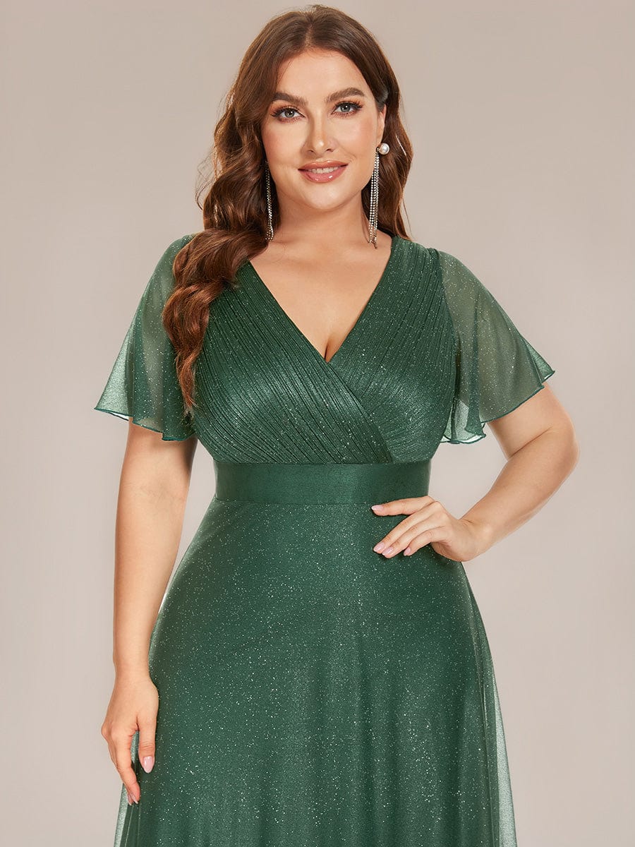 Plus size sparkly ribbon waist V-neck evening dress with sleeves for women