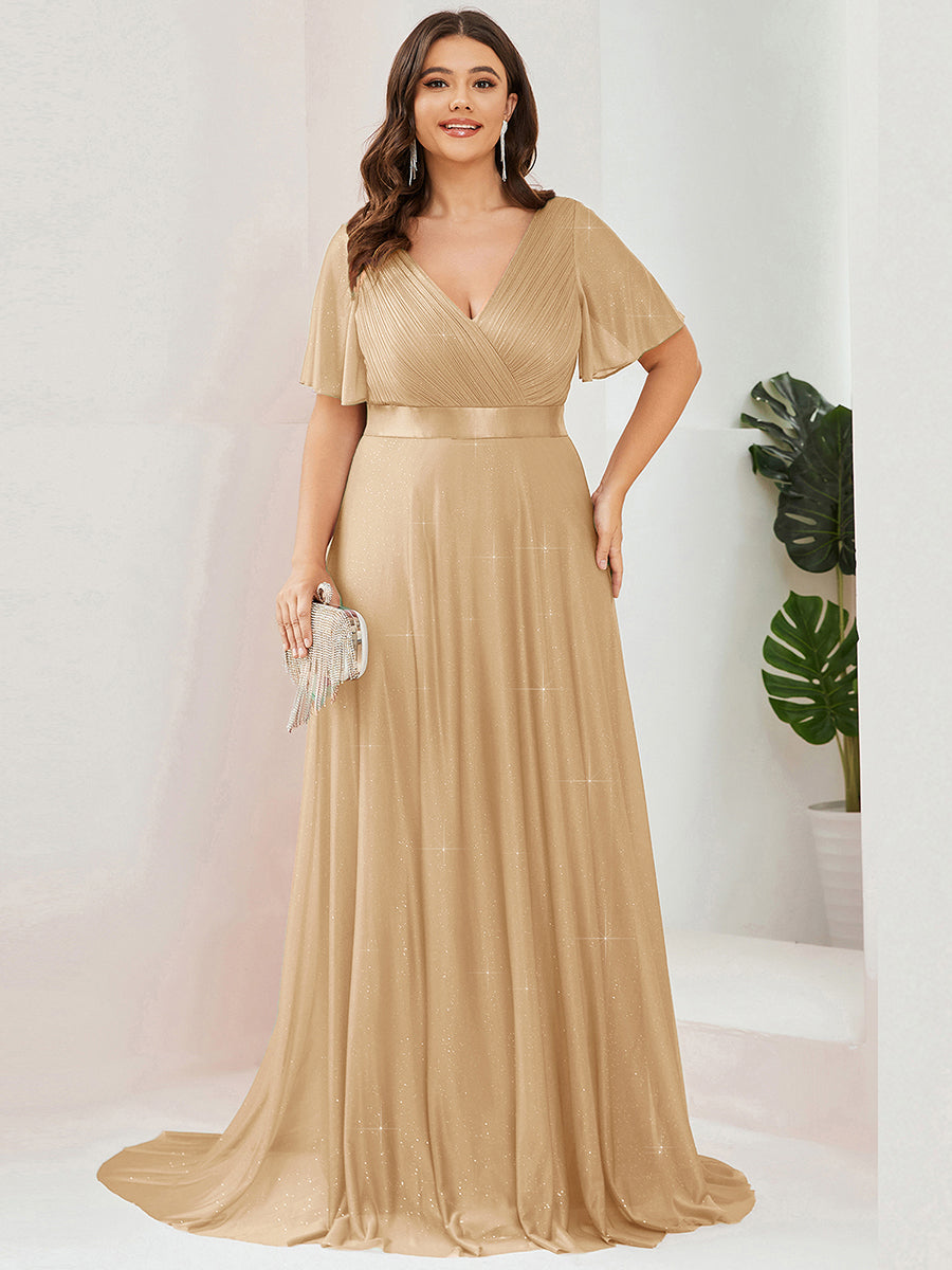 Plus size sparkly ribbon waist V-neck evening dress with sleeves for women