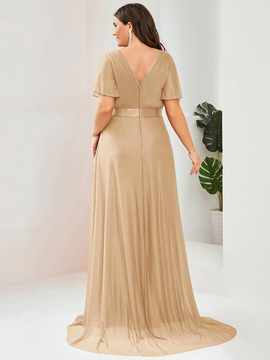 Plus size sparkly ribbon waist V-neck evening dress with sleeves for women