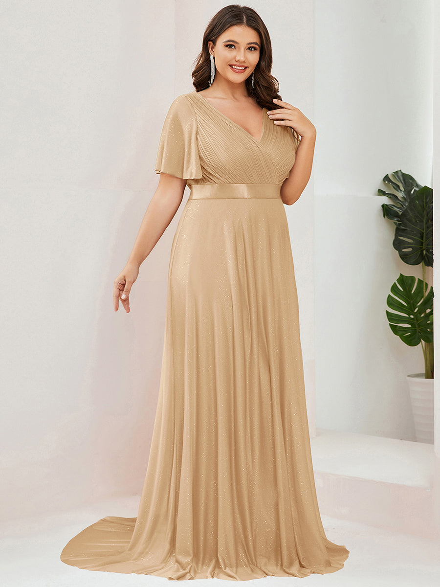 Plus size sparkly ribbon waist V-neck evening dress with sleeves for women