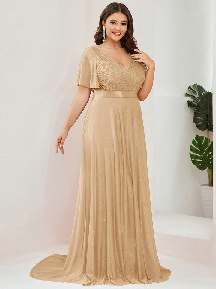 Plus size sparkly ribbon waist V-neck evening dress with sleeves for women
