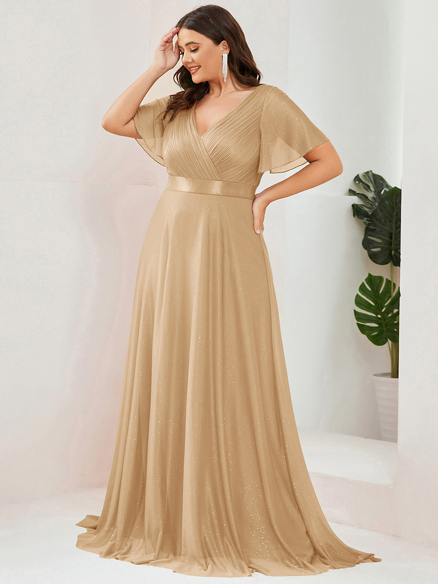 Plus size sparkly ribbon waist V-neck evening dress with sleeves for women