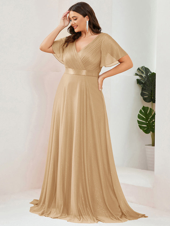 Plus size sparkly ribbon waist V-neck evening dress with sleeves for women