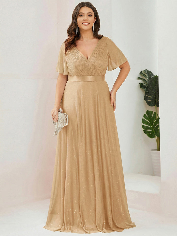 Plus size sparkly ribbon waist V-neck evening dress with sleeves for women