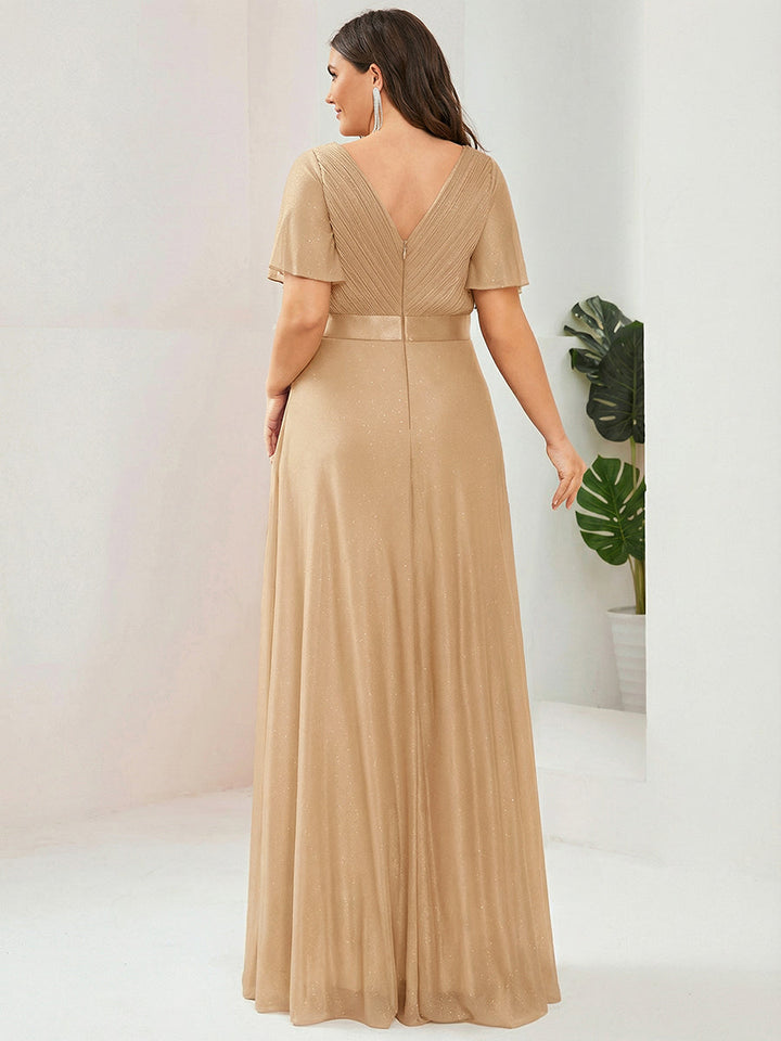 Plus size sparkly ribbon waist V-neck evening dress with sleeves for women