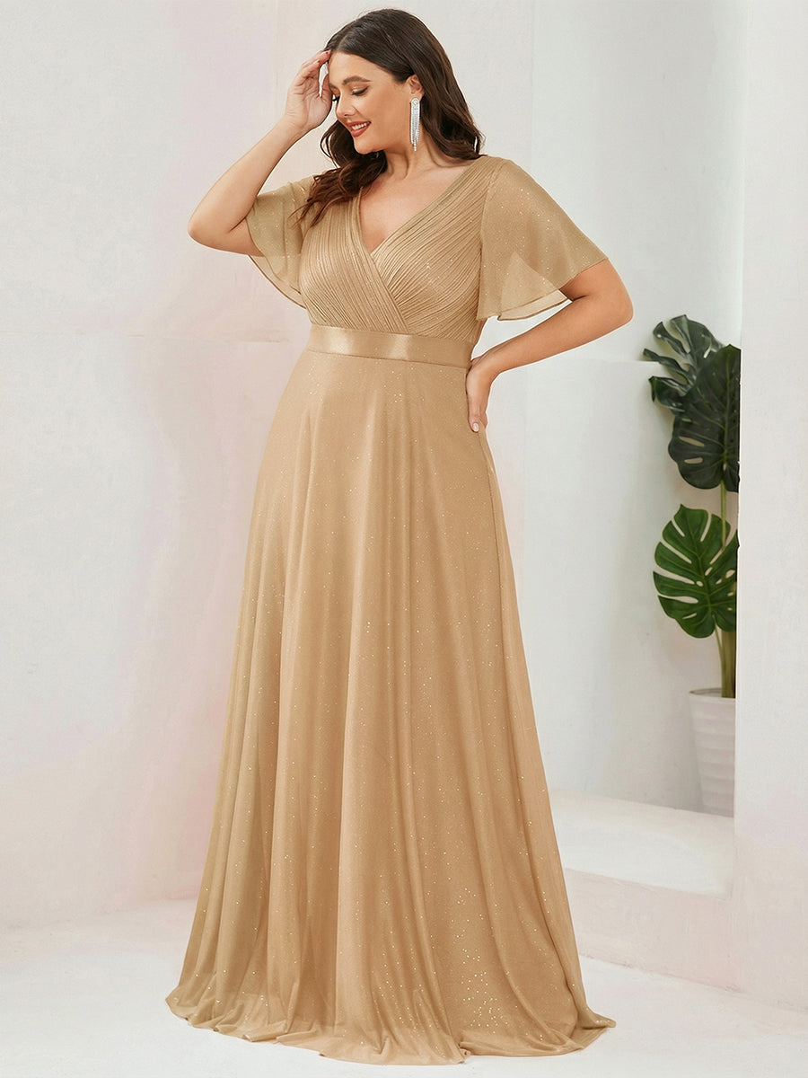 Plus size sparkly ribbon waist V-neck evening dress with sleeves for women