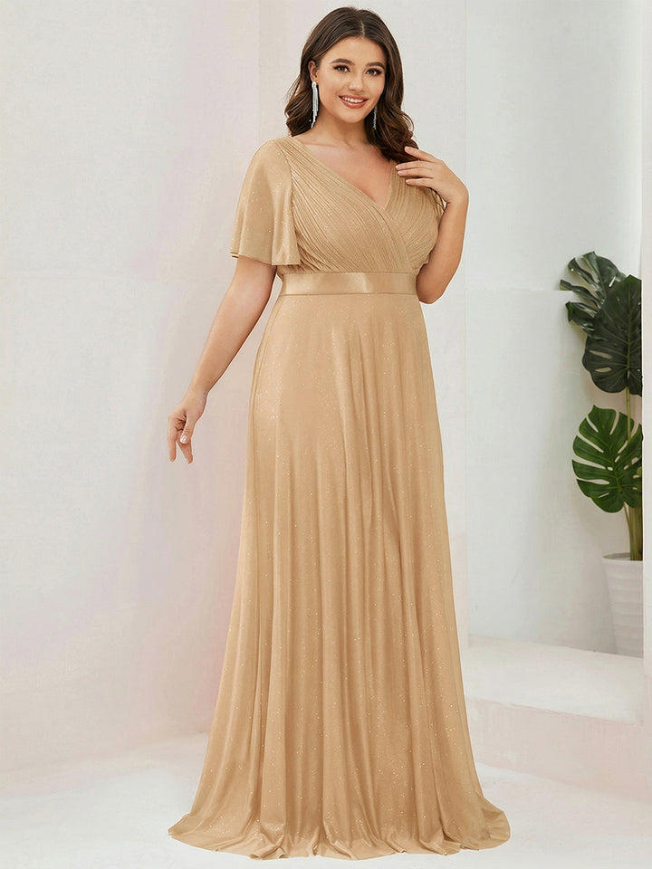Plus size sparkly ribbon waist V-neck evening dress with sleeves for women
