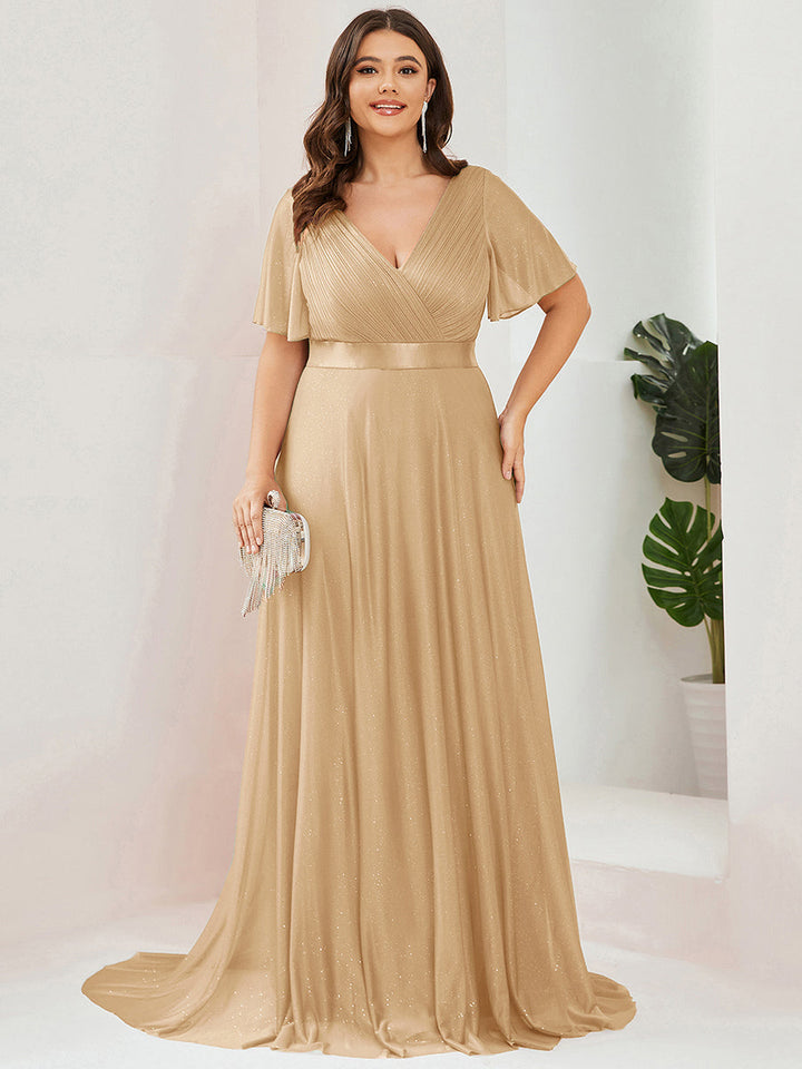 Plus size sparkly ribbon waist V-neck evening dress with sleeves for women
