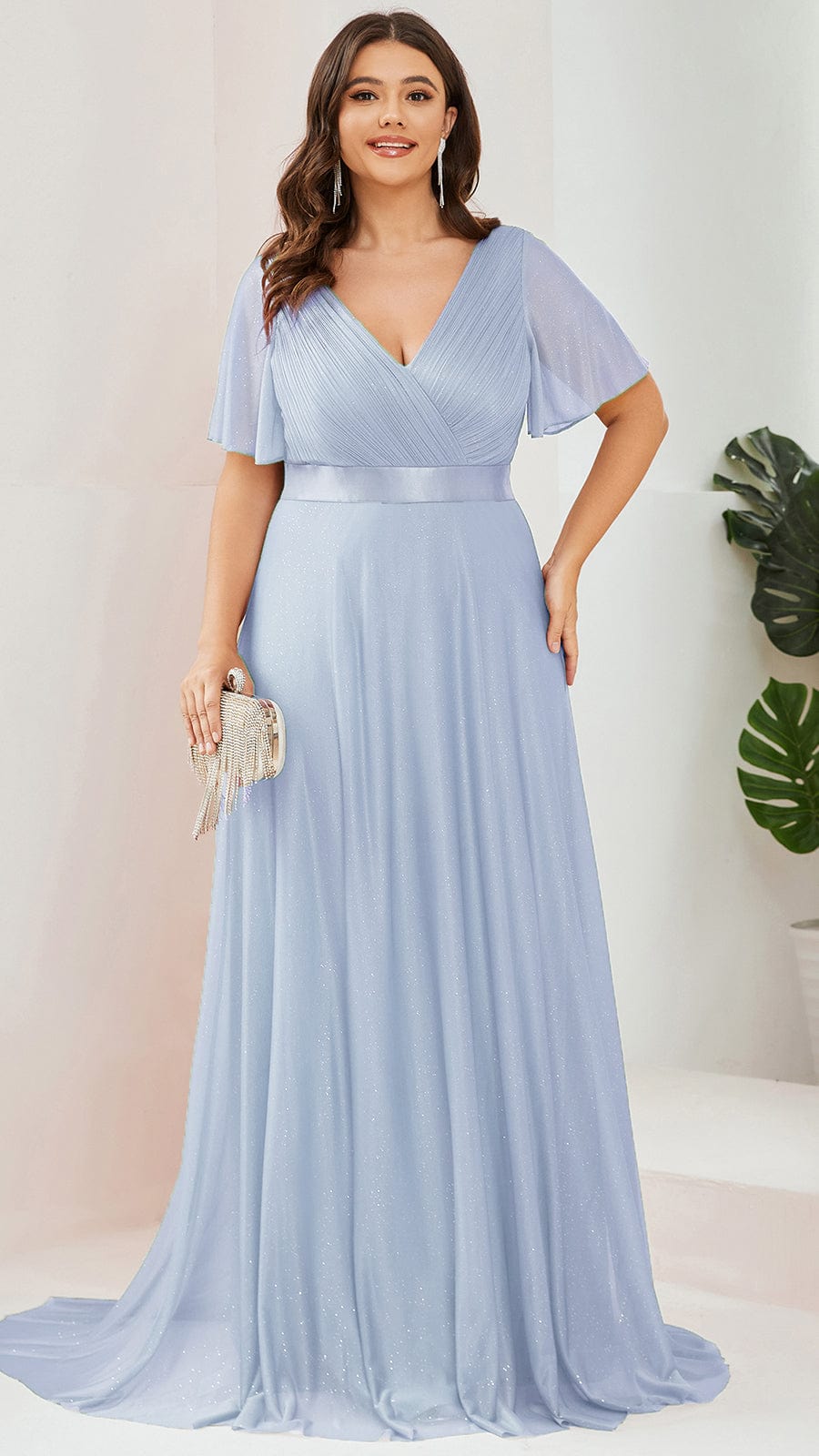 Plus size sparkly ribbon waist V-neck evening dress with sleeves for women