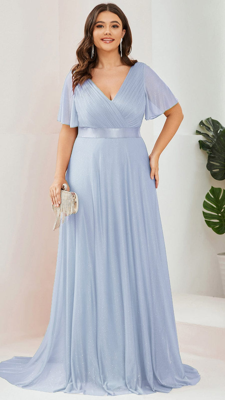 Plus size sparkly ribbon waist V-neck evening dress with sleeves for women