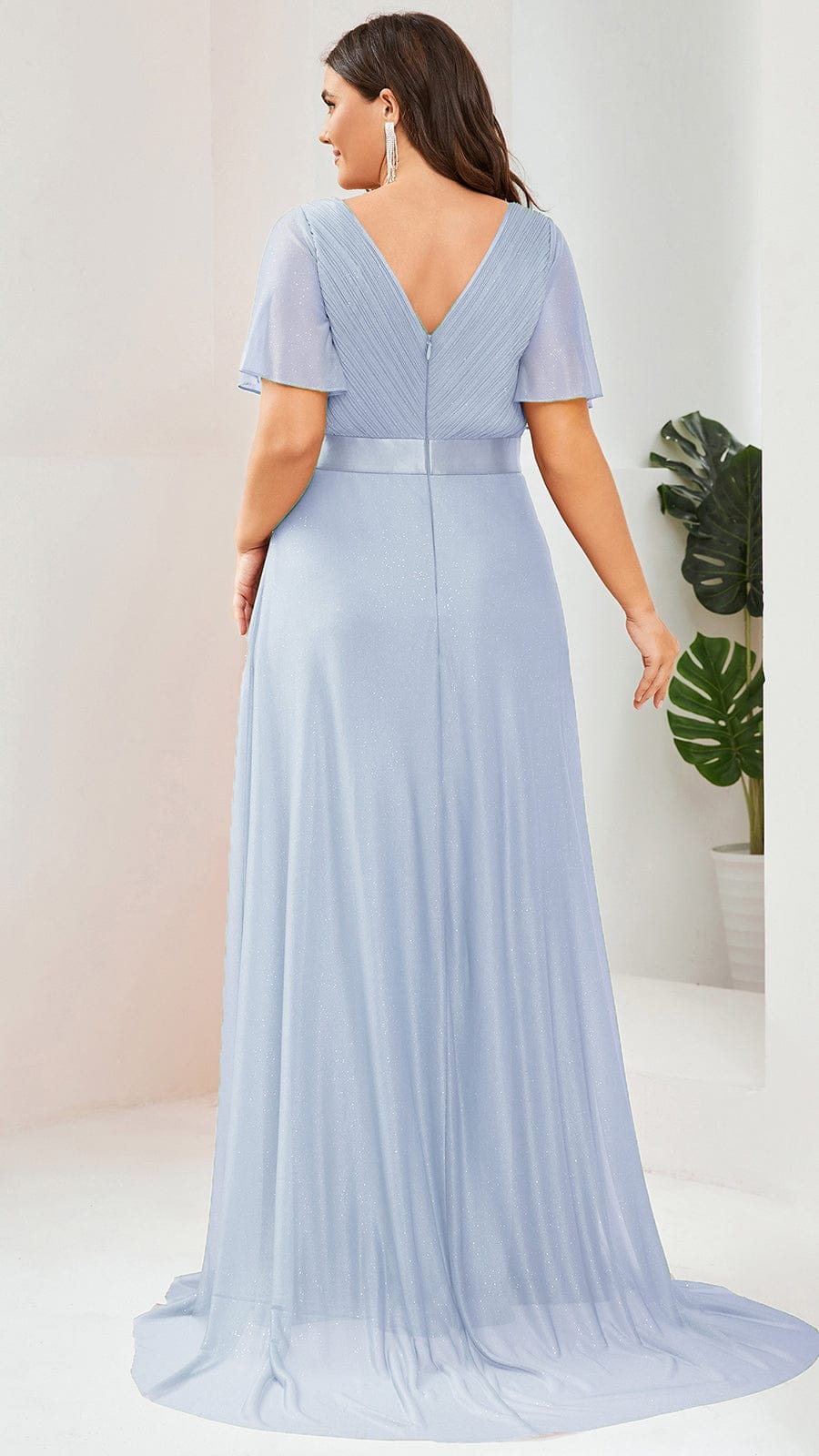 Plus size sparkly ribbon waist V-neck evening dress with sleeves for women