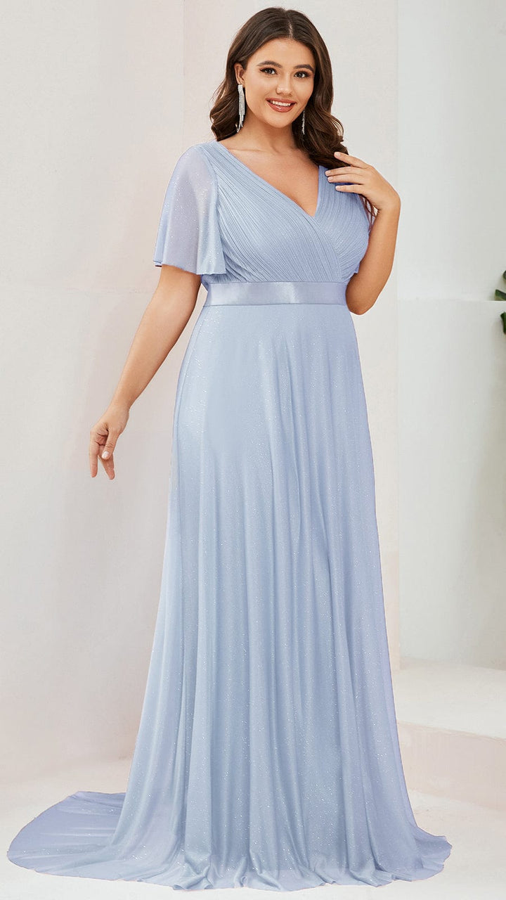 Plus size sparkly ribbon waist V-neck evening dress with sleeves for women