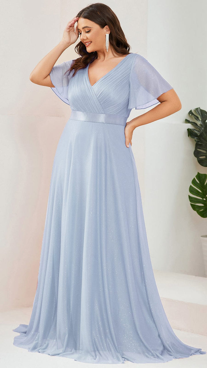 Plus size sparkly ribbon waist V-neck evening dress with sleeves for women