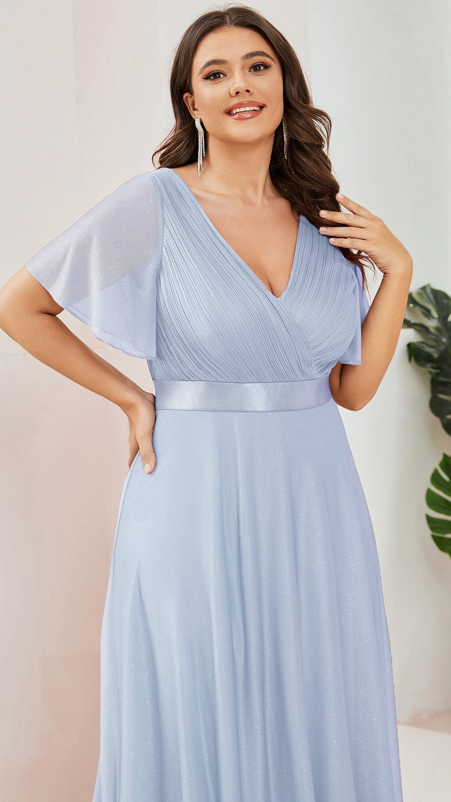 Plus size sparkly ribbon waist V-neck evening dress with sleeves for women