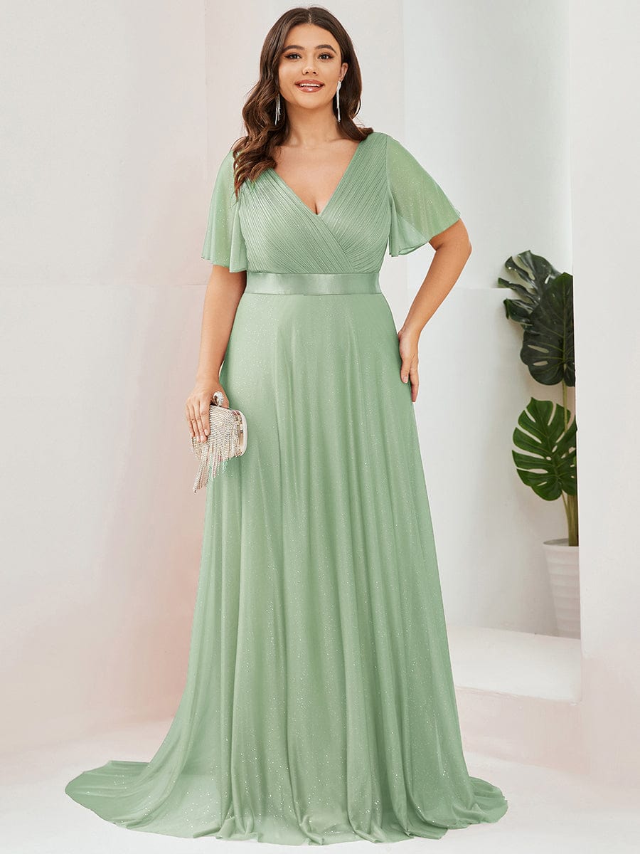 Plus size sparkly ribbon waist V-neck evening dress with sleeves for women