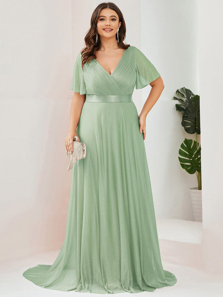 Plus size sparkly ribbon waist V-neck evening dress with sleeves for women