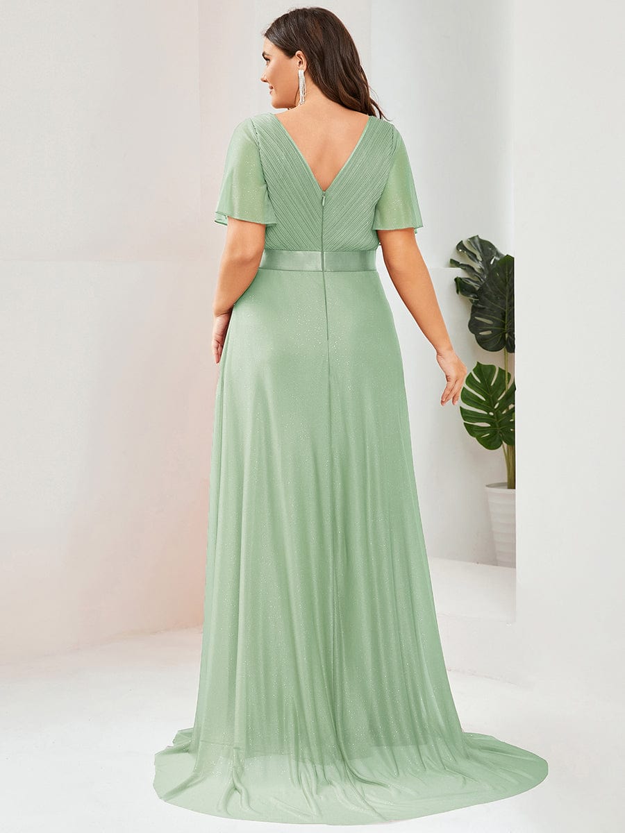 Plus size sparkly ribbon waist V-neck evening dress with sleeves for women