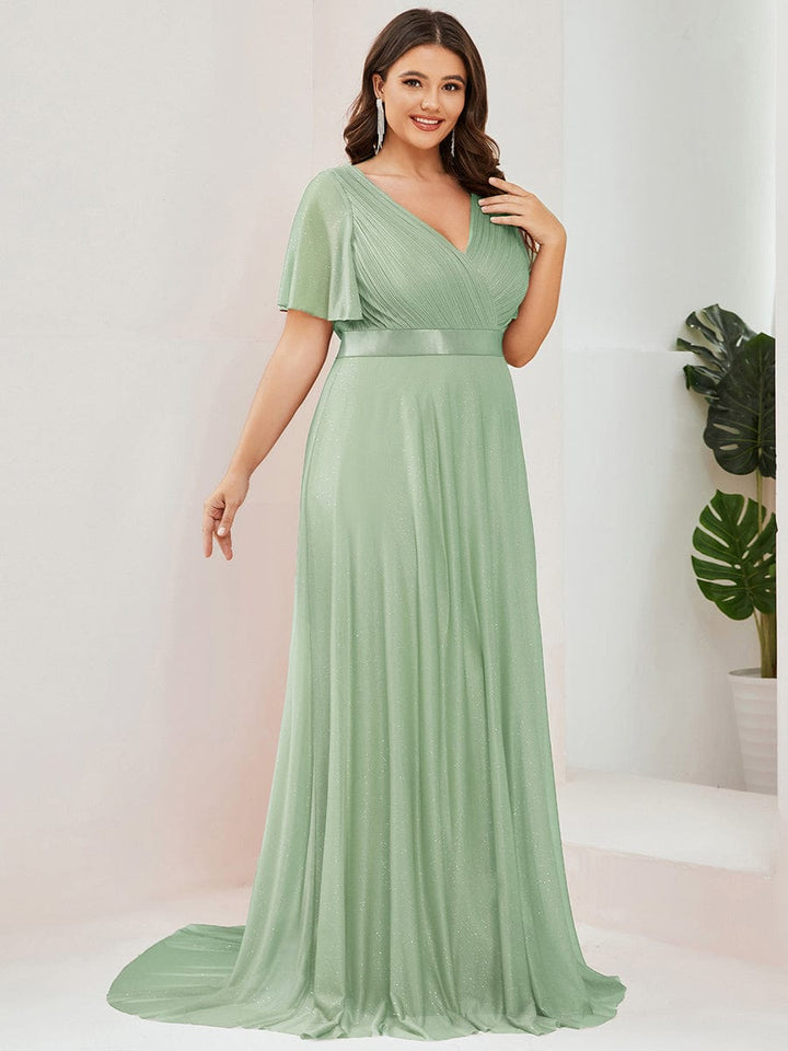 Plus size sparkly ribbon waist V-neck evening dress with sleeves for women