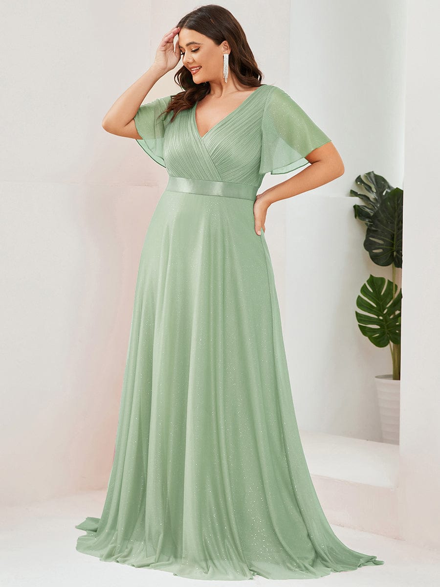 Plus size sparkly ribbon waist V-neck evening dress with sleeves for women