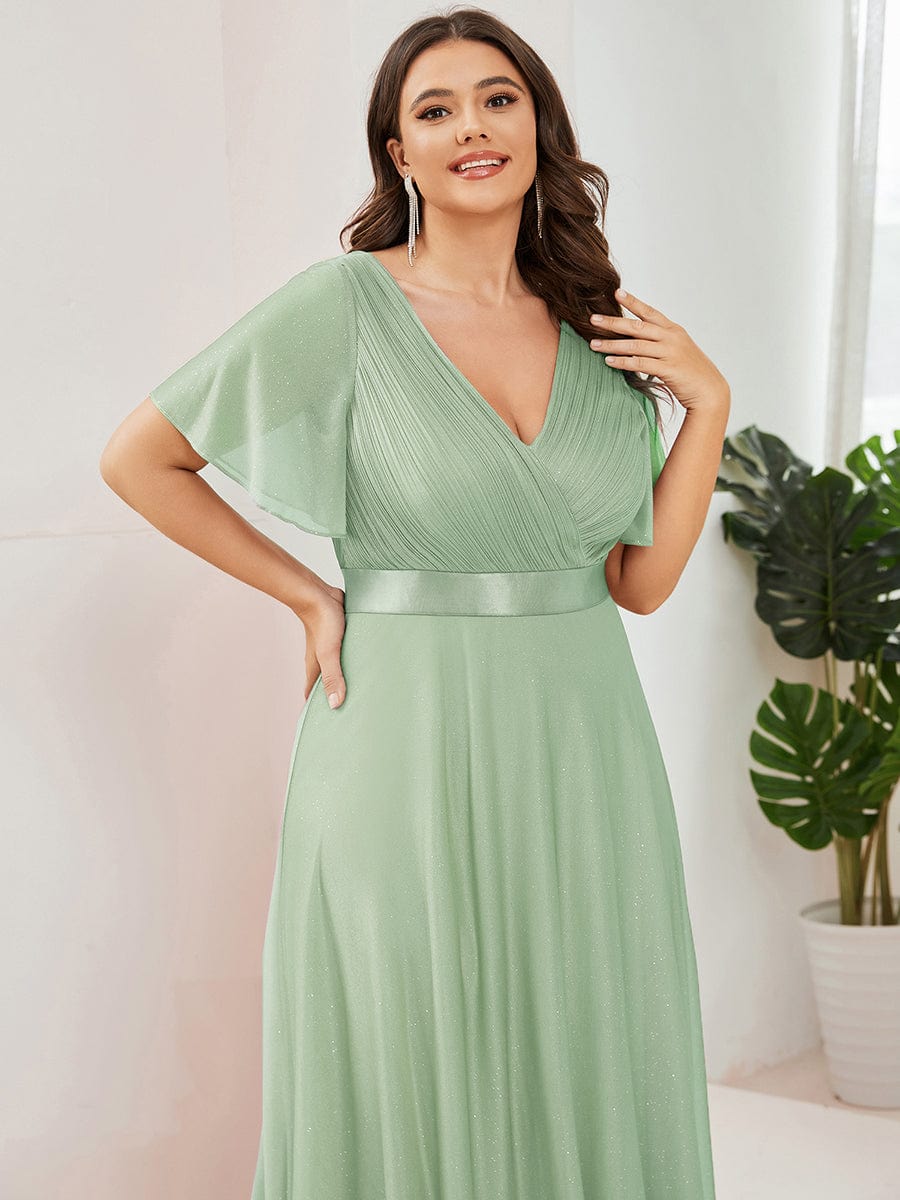 Plus size sparkly ribbon waist V-neck evening dress with sleeves for women