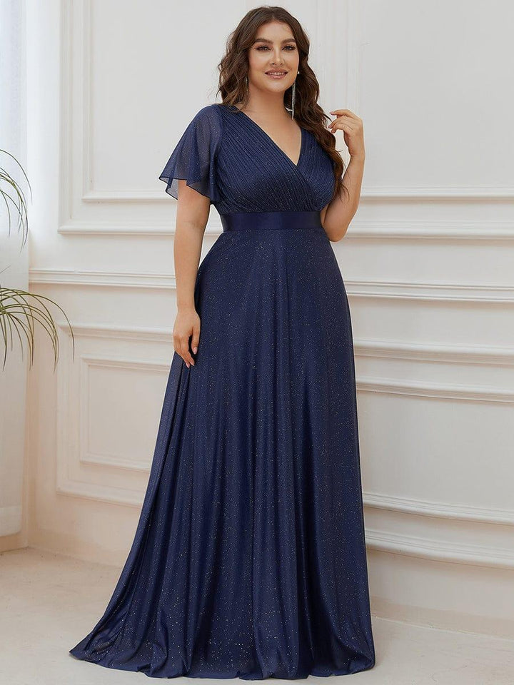 Plus size sparkly ribbon waist V-neck evening dress with sleeves for women