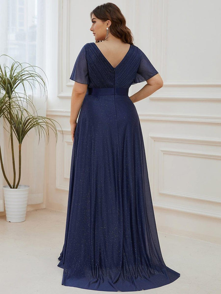 Plus size sparkly ribbon waist V-neck evening dress with sleeves for women