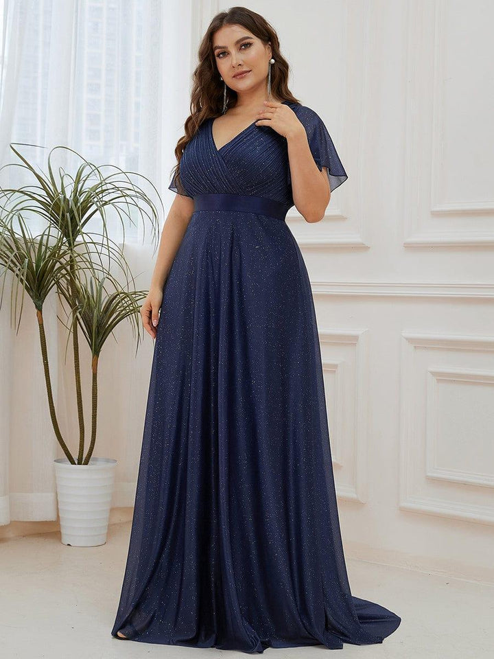 Plus size sparkly ribbon waist V-neck evening dress with sleeves for women