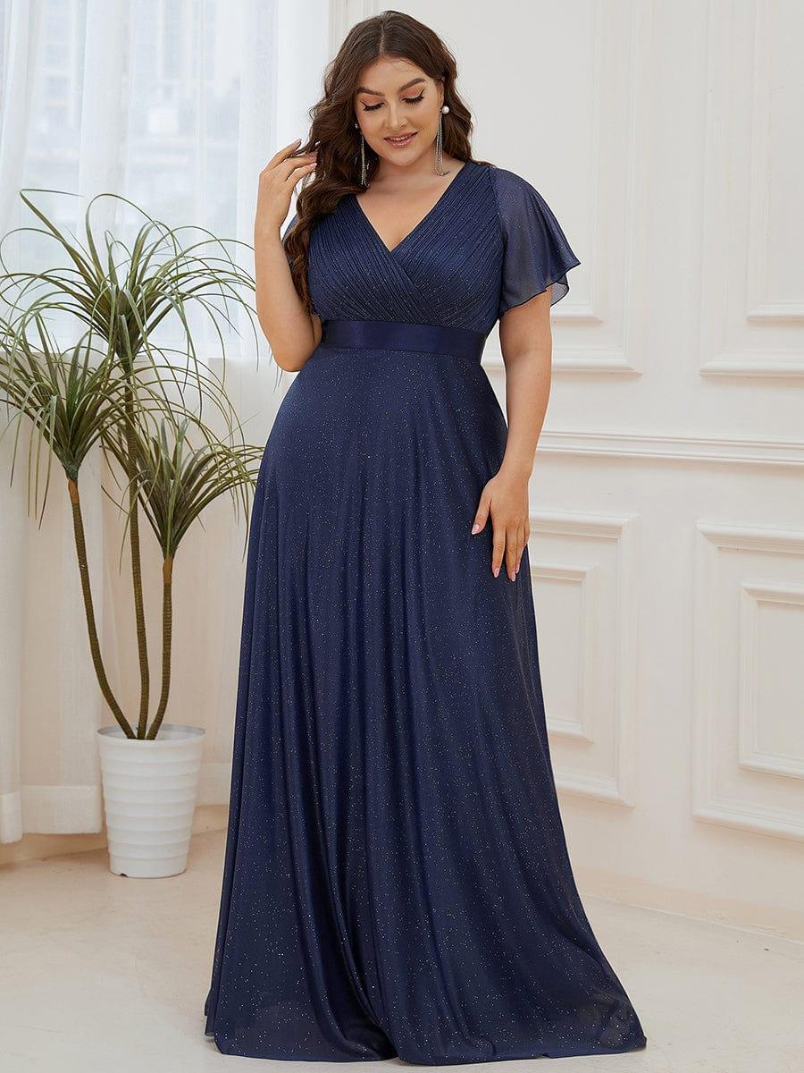 Plus size sparkly ribbon waist V-neck evening dress with sleeves for women