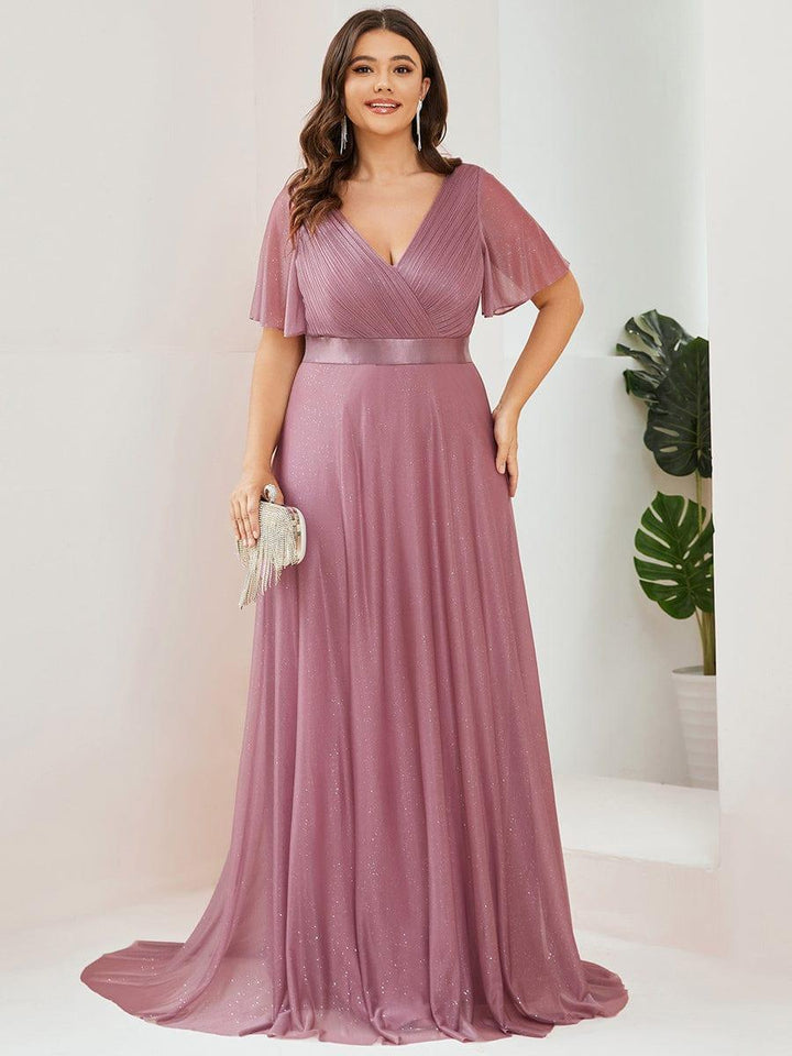 Plus size sparkly ribbon waist V-neck evening dress with sleeves for women