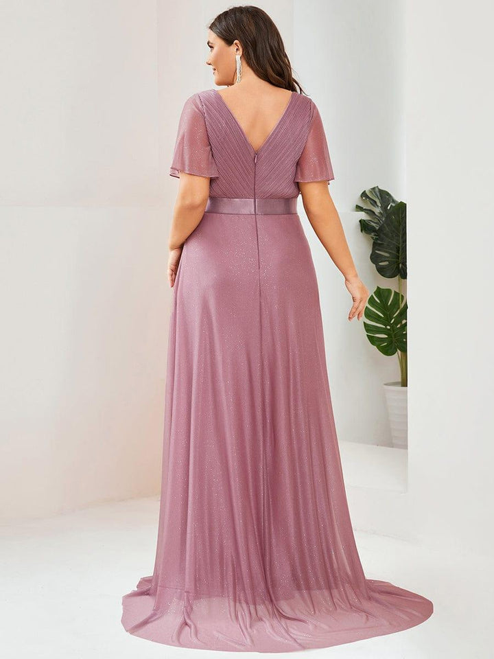 Plus size sparkly ribbon waist V-neck evening dress with sleeves for women